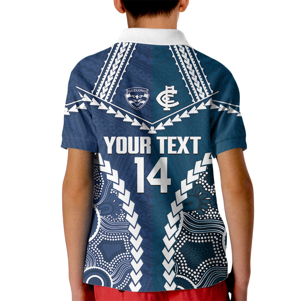 Custom Football Cats and Blues Kid Polo Shirt 2026 Together Aboriginal Polynesian Pattern