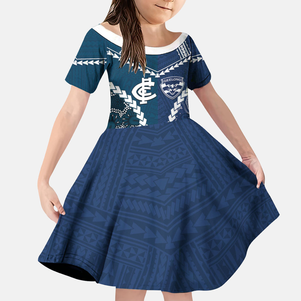 Custom Football Cats and Blues Kid Short Sleeve Dress 2026 Together Aboriginal Polynesian Pattern