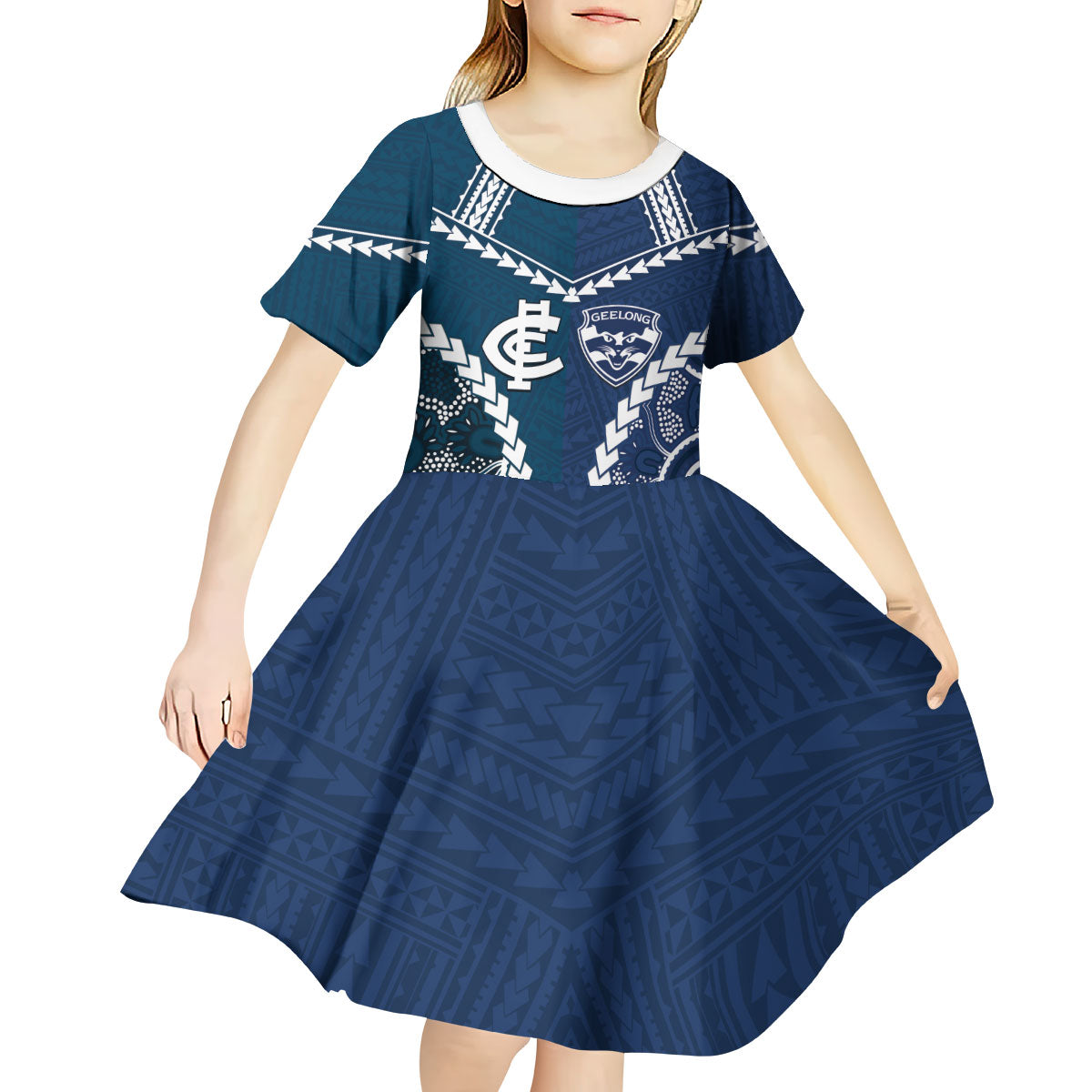 Custom Football Cats and Blues Kid Short Sleeve Dress 2026 Together Aboriginal Polynesian Pattern