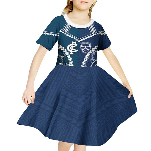 Custom Football Cats and Blues Kid Short Sleeve Dress 2026 Together Aboriginal Polynesian Pattern