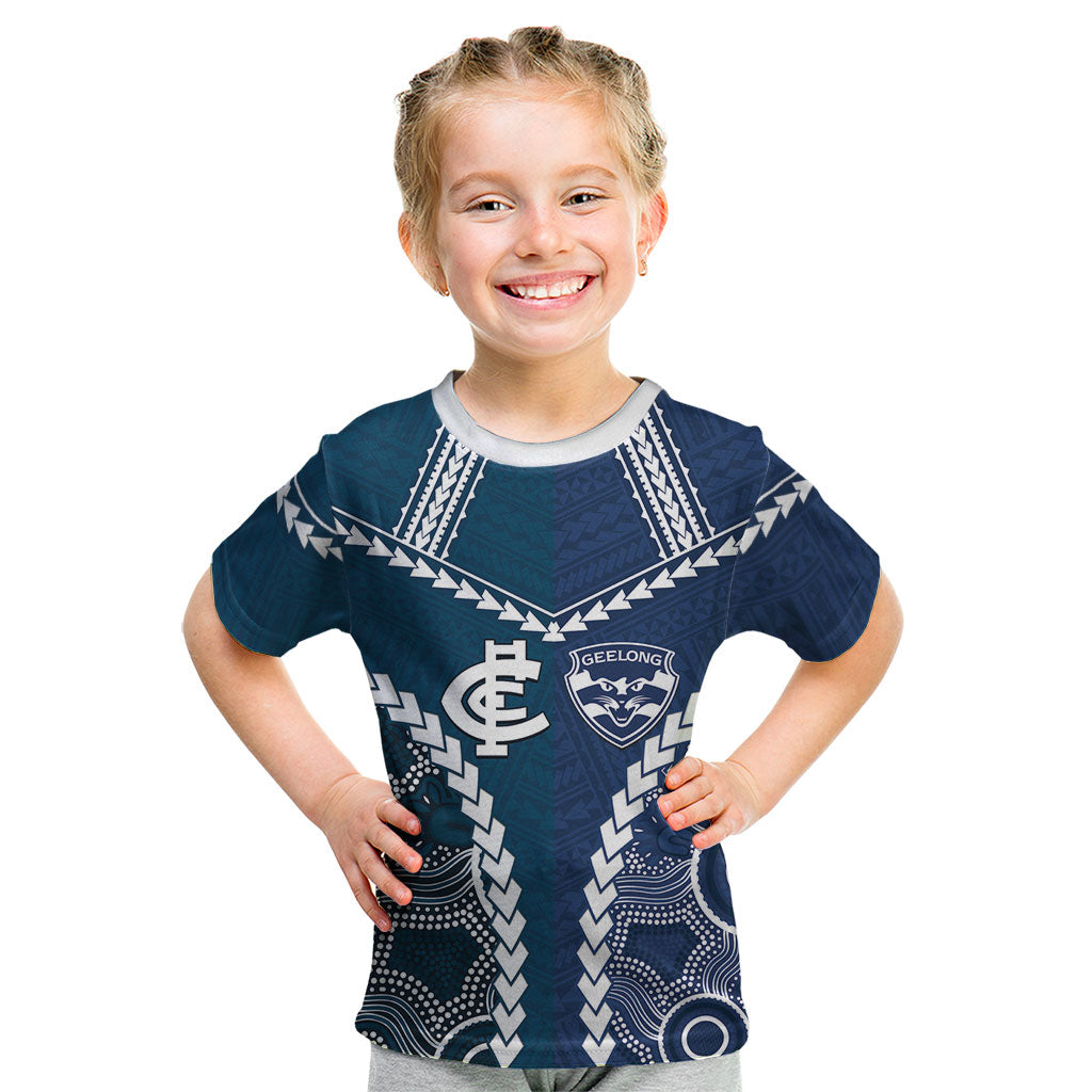 Custom Football Cats and Blues Kid T Shirt 2026 Together Aboriginal Polynesian Pattern