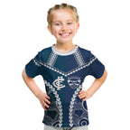 Custom Football Cats and Blues Kid T Shirt 2026 Together Aboriginal Polynesian Pattern