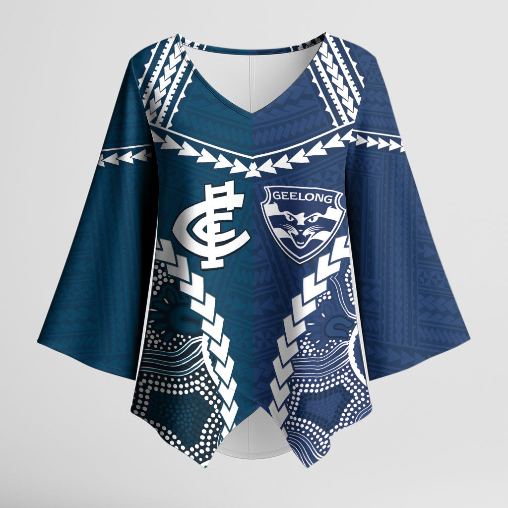 Custom Football Cats and Blues Kimono Sleeve Blouse 2026 Together Aboriginal Polynesian Pattern
