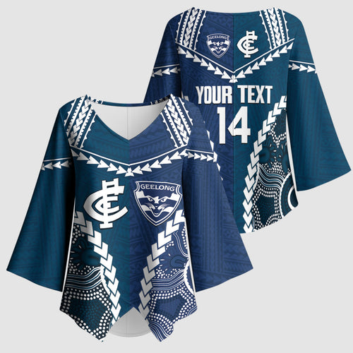 Custom Football Cats and Blues Kimono Sleeve Blouse 2026 Together Aboriginal Polynesian Pattern