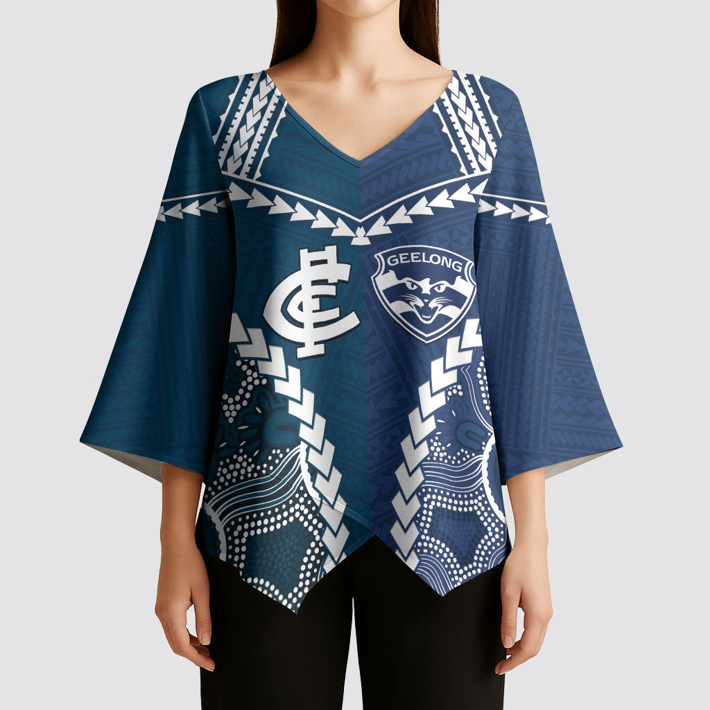 Custom Football Cats and Blues Kimono Sleeve Blouse 2026 Together Aboriginal Polynesian Pattern