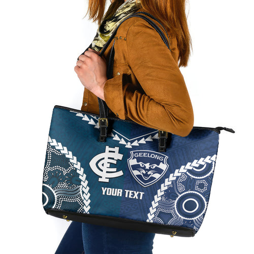 Custom Football Cats and Blues Leather Tote Bag 2026 Together Aboriginal Polynesian Pattern