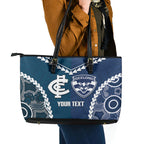 Custom Football Cats and Blues Leather Tote Bag 2026 Together Aboriginal Polynesian Pattern
