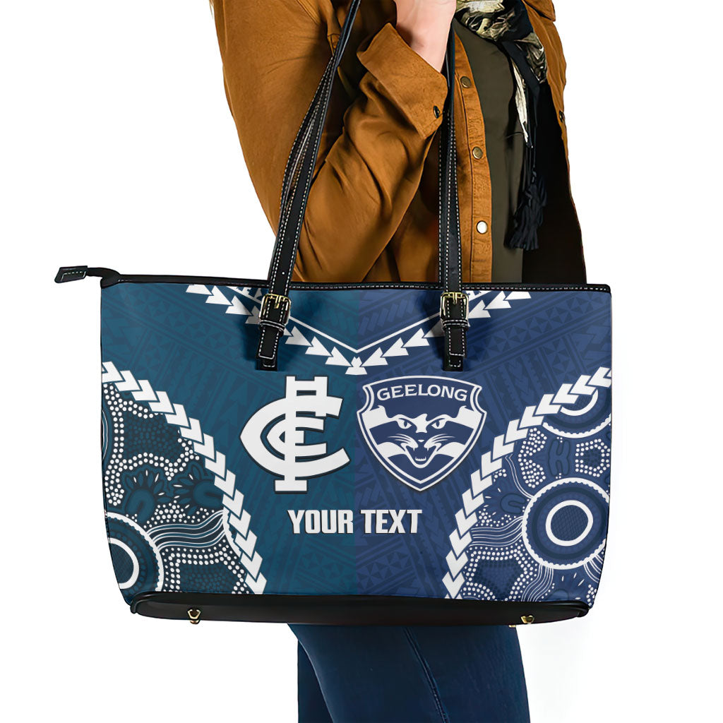 Custom Football Cats and Blues Leather Tote Bag 2026 Together Aboriginal Polynesian Pattern