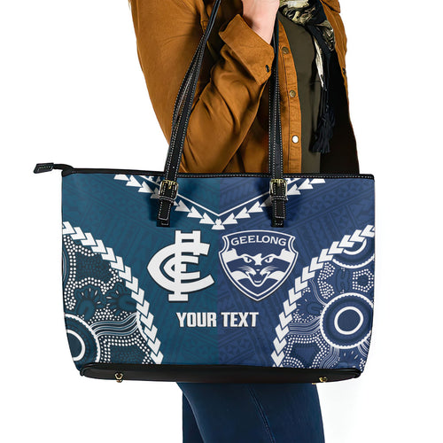 Custom Football Cats and Blues Leather Tote Bag 2026 Together Aboriginal Polynesian Pattern