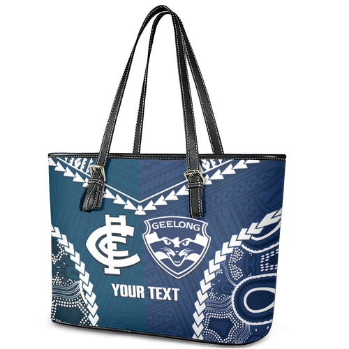 Custom Football Cats and Blues Leather Tote Bag 2026 Together Aboriginal Polynesian Pattern