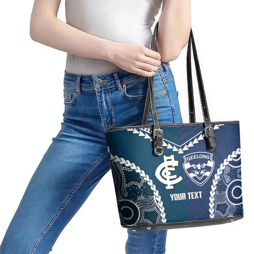Custom Football Cats and Blues Leather Tote Bag 2026 Together Aboriginal Polynesian Pattern