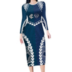 Custom Football Cats and Blues Long Sleeve Bodycon Dress 2026 Together Aboriginal Polynesian Pattern