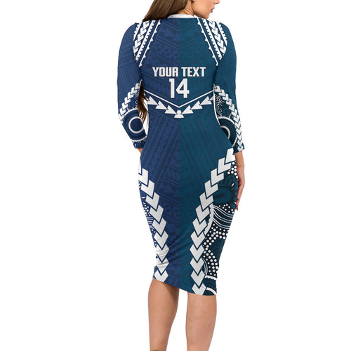 Custom Football Cats and Blues Long Sleeve Bodycon Dress 2026 Together Aboriginal Polynesian Pattern