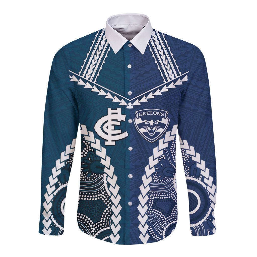 Custom Football Cats and Blues Long Sleeve Button Shirt 2026 Together Aboriginal Polynesian Pattern