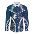 Custom Football Cats and Blues Long Sleeve Button Shirt 2026 Together Aboriginal Polynesian Pattern