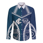 Custom Football Cats and Blues Long Sleeve Button Shirt 2026 Together Aboriginal Polynesian Pattern