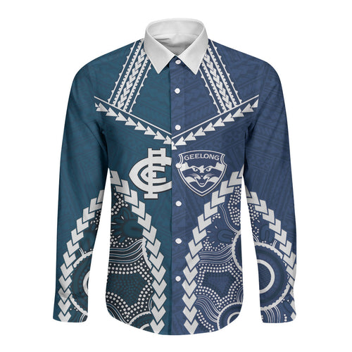 Custom Football Cats and Blues Long Sleeve Button Shirt 2026 Together Aboriginal Polynesian Pattern