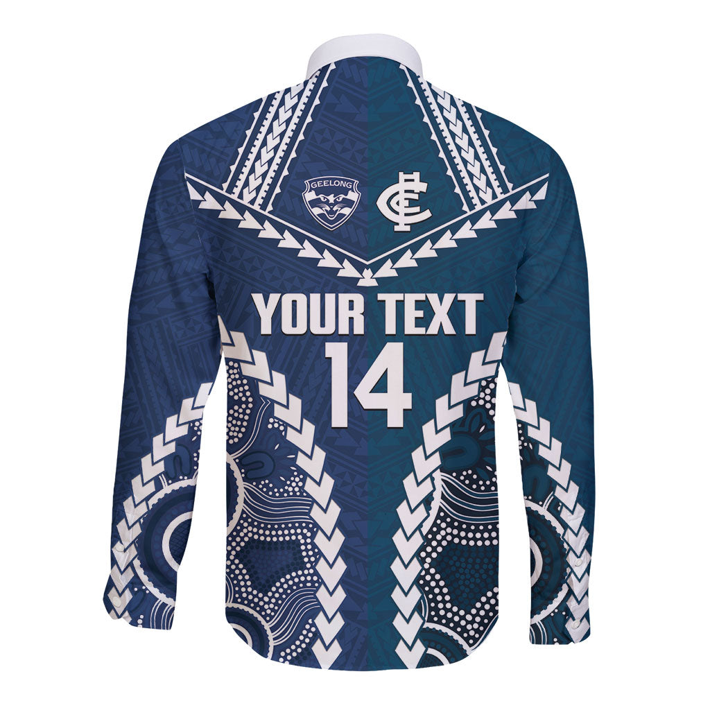 Custom Football Cats and Blues Long Sleeve Button Shirt 2026 Together Aboriginal Polynesian Pattern