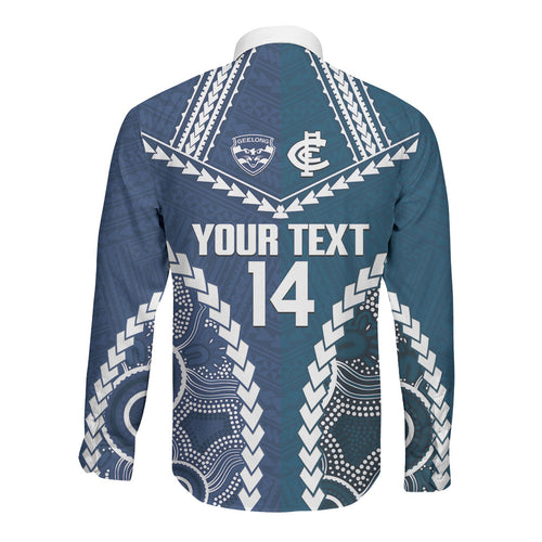 Custom Football Cats and Blues Long Sleeve Button Shirt 2026 Together Aboriginal Polynesian Pattern