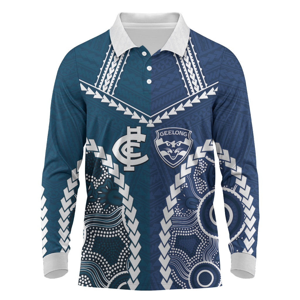 Custom Football Cats and Blues Long Sleeve Polo Shirt 2026 Together Aboriginal Polynesian Pattern