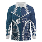 Custom Football Cats and Blues Long Sleeve Polo Shirt 2026 Together Aboriginal Polynesian Pattern