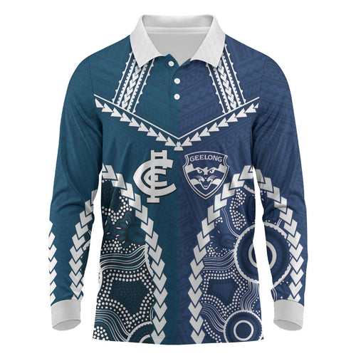 Custom Football Cats and Blues Long Sleeve Polo Shirt 2026 Together Aboriginal Polynesian Pattern