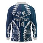 Custom Football Cats and Blues Long Sleeve Polo Shirt 2026 Together Aboriginal Polynesian Pattern