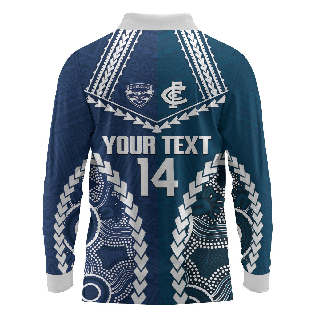 Custom Football Cats and Blues Long Sleeve Polo Shirt 2026 Together Aboriginal Polynesian Pattern