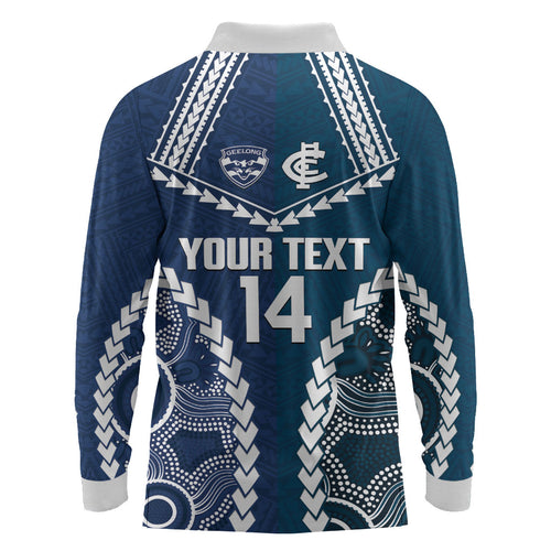 Custom Football Cats and Blues Long Sleeve Polo Shirt 2026 Together Aboriginal Polynesian Pattern