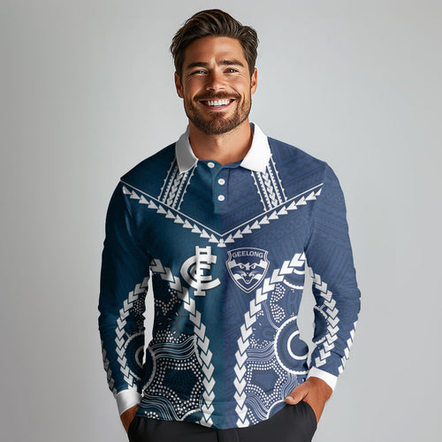 Custom Football Cats and Blues Long Sleeve Polo Shirt 2026 Together Aboriginal Polynesian Pattern