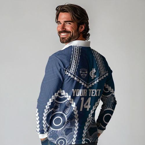 Custom Football Cats and Blues Long Sleeve Polo Shirt 2026 Together Aboriginal Polynesian Pattern