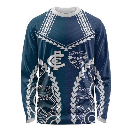 Custom Football Cats and Blues Long Sleeve Shirt 2026 Together Aboriginal Polynesian Pattern