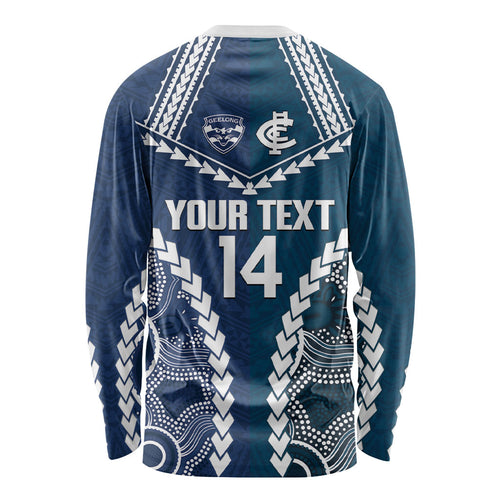 Custom Football Cats and Blues Long Sleeve Shirt 2026 Together Aboriginal Polynesian Pattern