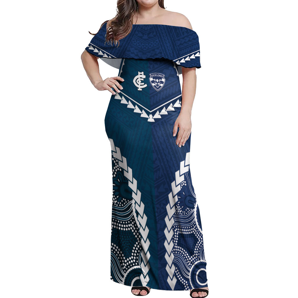 Custom Football Cats and Blues Off Shoulder Maxi Dress 2026 Together Aboriginal Polynesian Pattern