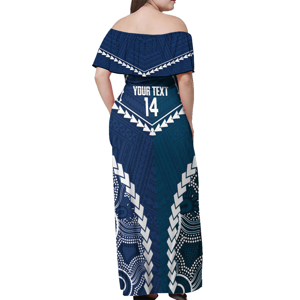 Custom Football Cats and Blues Off Shoulder Maxi Dress 2026 Together Aboriginal Polynesian Pattern