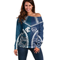 Custom Football Cats and Blues Off Shoulder Sweater 2026 Together Aboriginal Polynesian Pattern