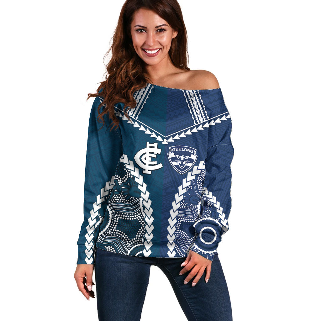 Custom Football Cats and Blues Off Shoulder Sweater 2026 Together Aboriginal Polynesian Pattern