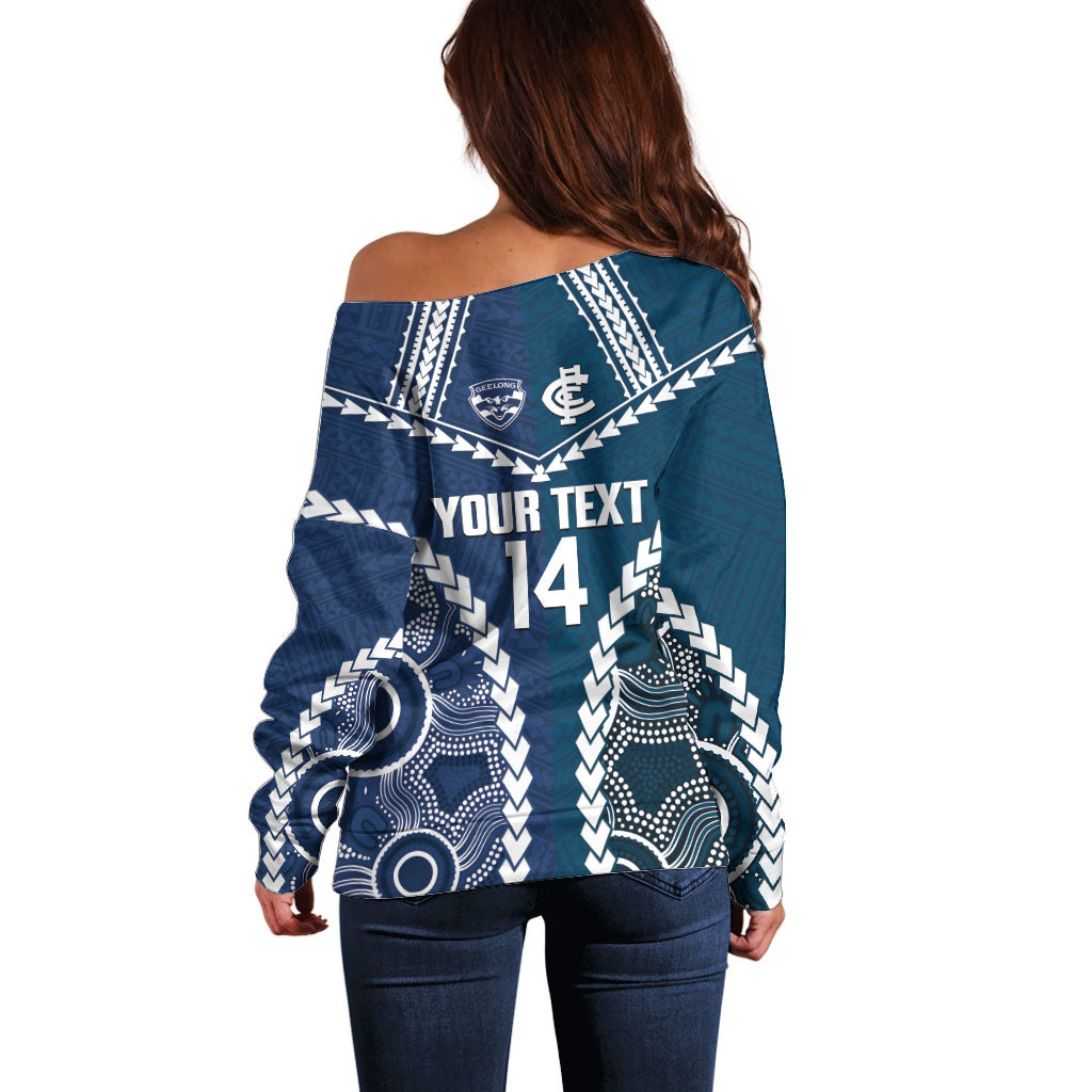 Custom Football Cats and Blues Off Shoulder Sweater 2026 Together Aboriginal Polynesian Pattern