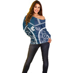 Custom Football Cats and Blues Off Shoulder Sweater 2026 Together Aboriginal Polynesian Pattern