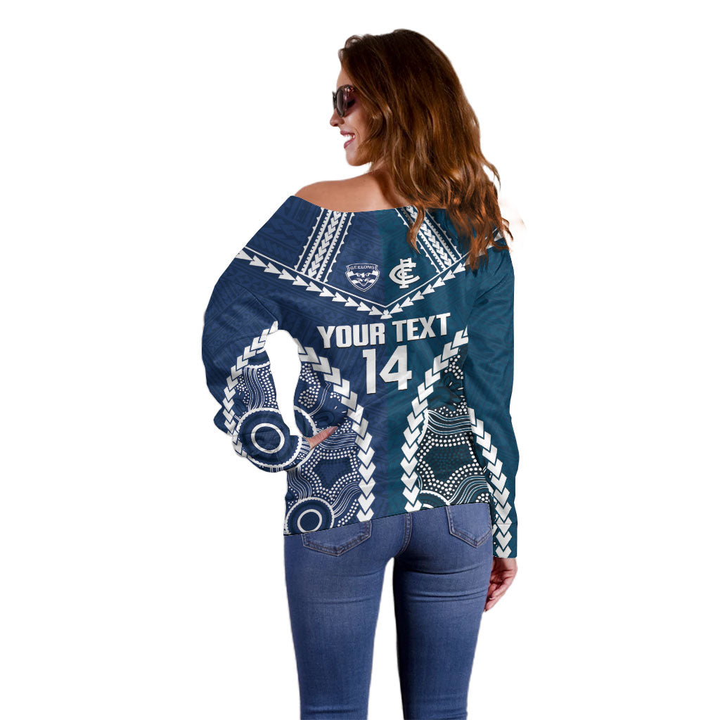 Custom Football Cats and Blues Off Shoulder Sweater 2026 Together Aboriginal Polynesian Pattern