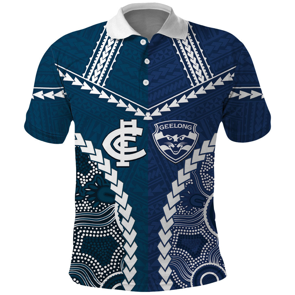 Custom Football Cats and Blues Polo Shirt 2026 Together Aboriginal Polynesian Pattern