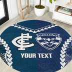 Custom Football Cats and Blues Round Carpet 2026 Together Aboriginal Polynesian Pattern