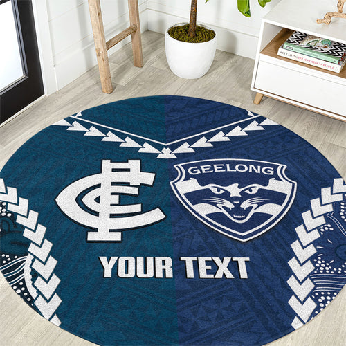 Custom Football Cats and Blues Round Carpet 2026 Together Aboriginal Polynesian Pattern