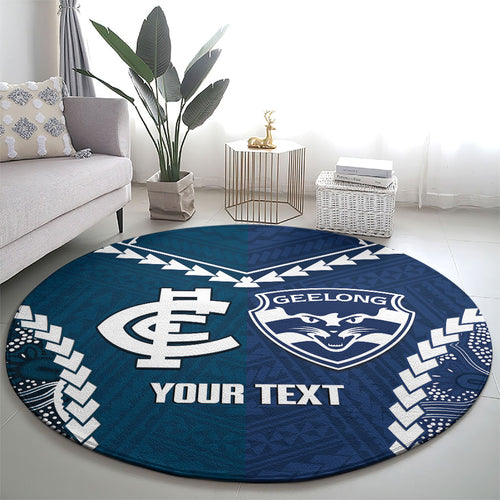 Custom Football Cats and Blues Round Carpet 2026 Together Aboriginal Polynesian Pattern