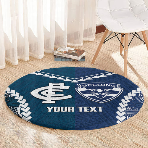 Custom Football Cats and Blues Round Carpet 2026 Together Aboriginal Polynesian Pattern