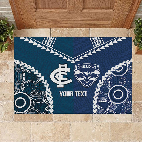 Custom Football Cats and Blues Rubber Doormat 2026 Together Aboriginal Polynesian Pattern