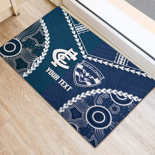 Custom Football Cats and Blues Rubber Doormat 2026 Together Aboriginal Polynesian Pattern