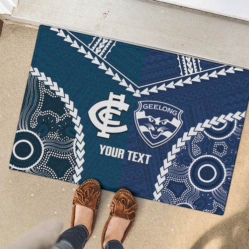 Custom Football Cats and Blues Rubber Doormat 2026 Together Aboriginal Polynesian Pattern
