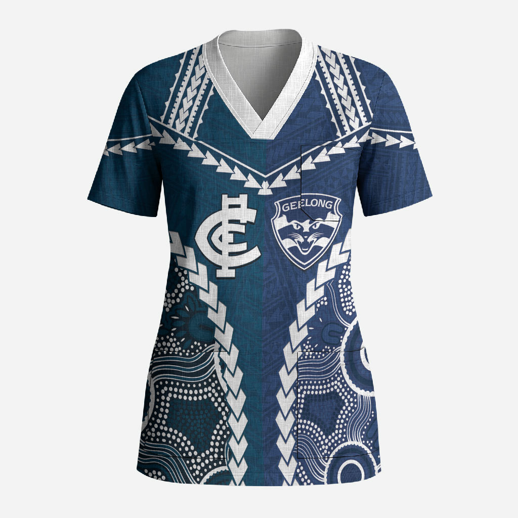 Custom Football Cats and Blues Scrub Top 2026 Together Aboriginal Polynesian Pattern