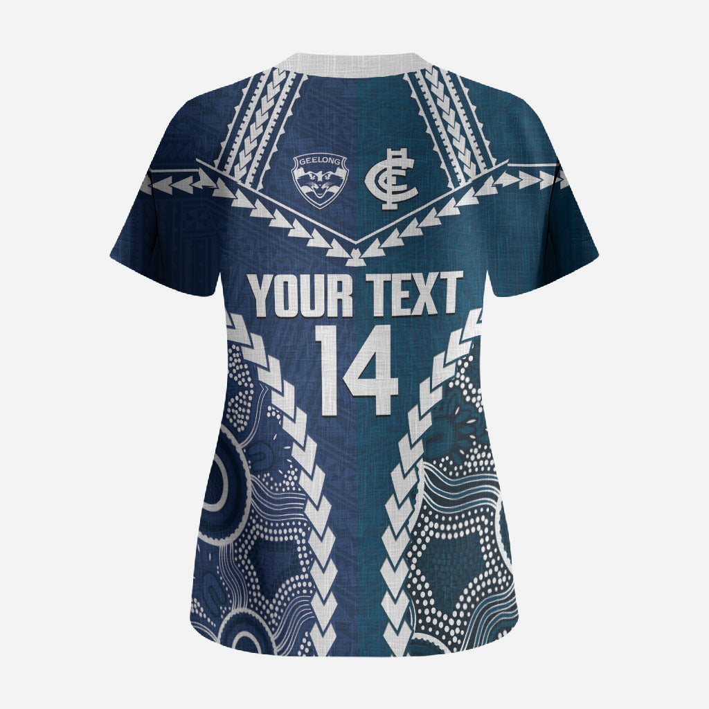 Custom Football Cats and Blues Scrub Top 2026 Together Aboriginal Polynesian Pattern